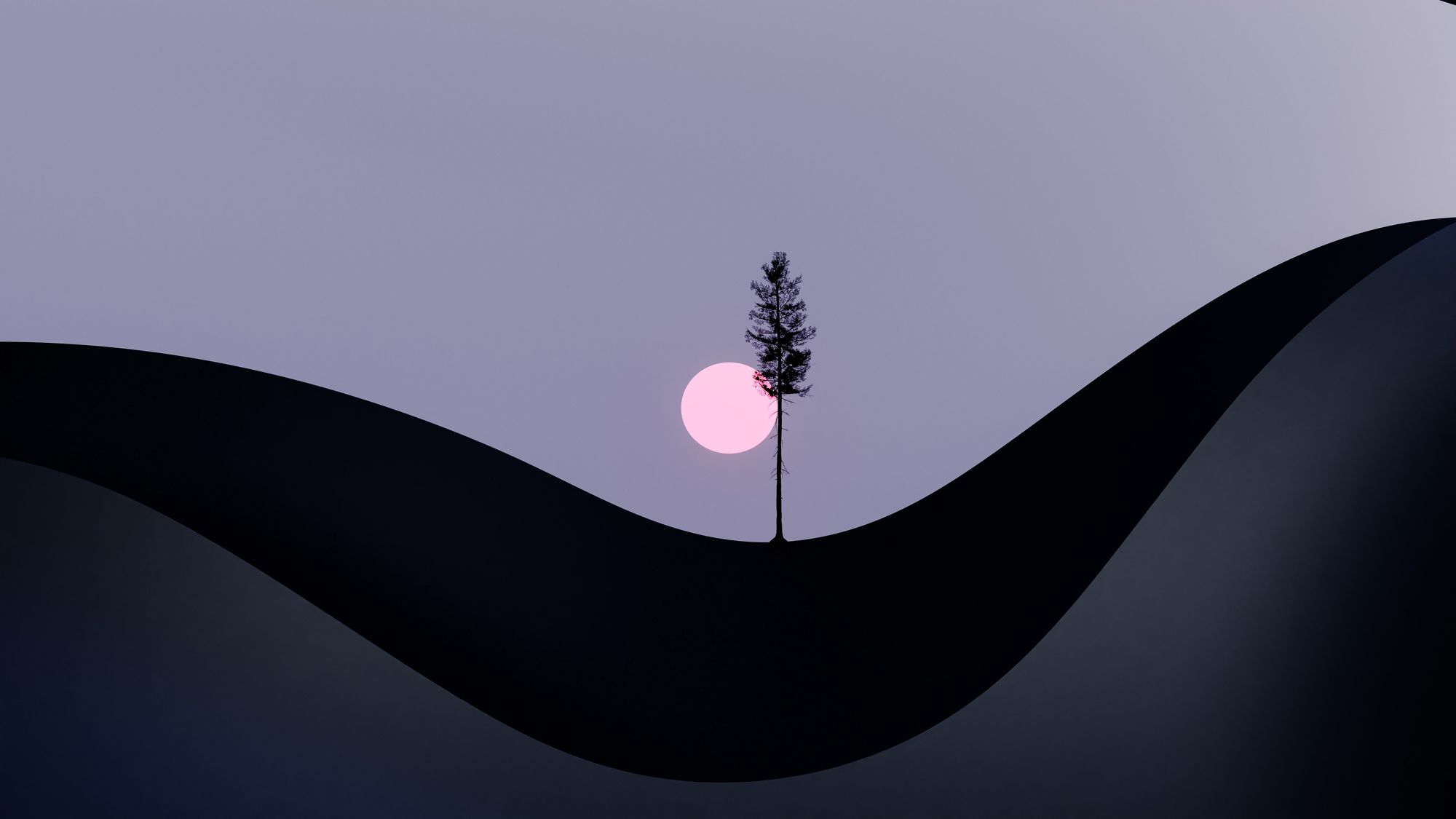 A tree stands on a rendered hillscape in front of a low, red sun